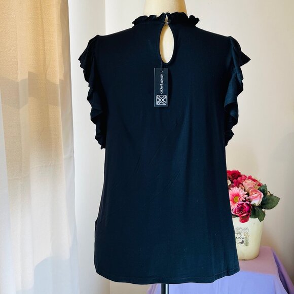 Cable & Gauge Black Short Sleeve Blouse with Frills & Smocking (L) New with Tag - Picture 6 of 7